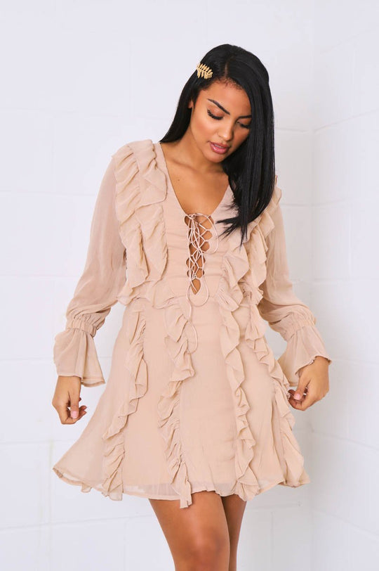 Camel Sheer Ruffle Lace Front Dress - Loise