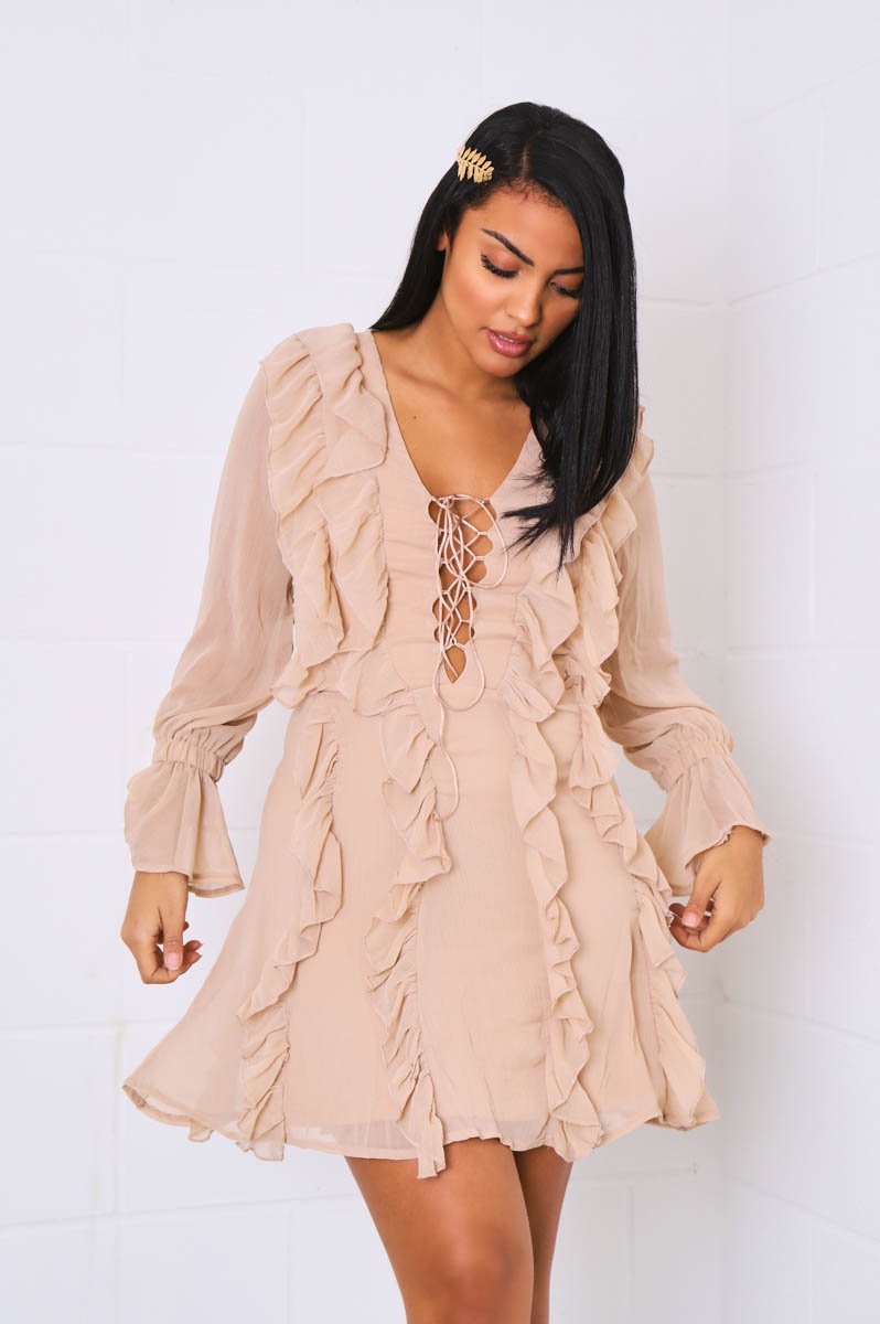 Camel Sheer Ruffle Lace Front Dress - Loise-Dresses