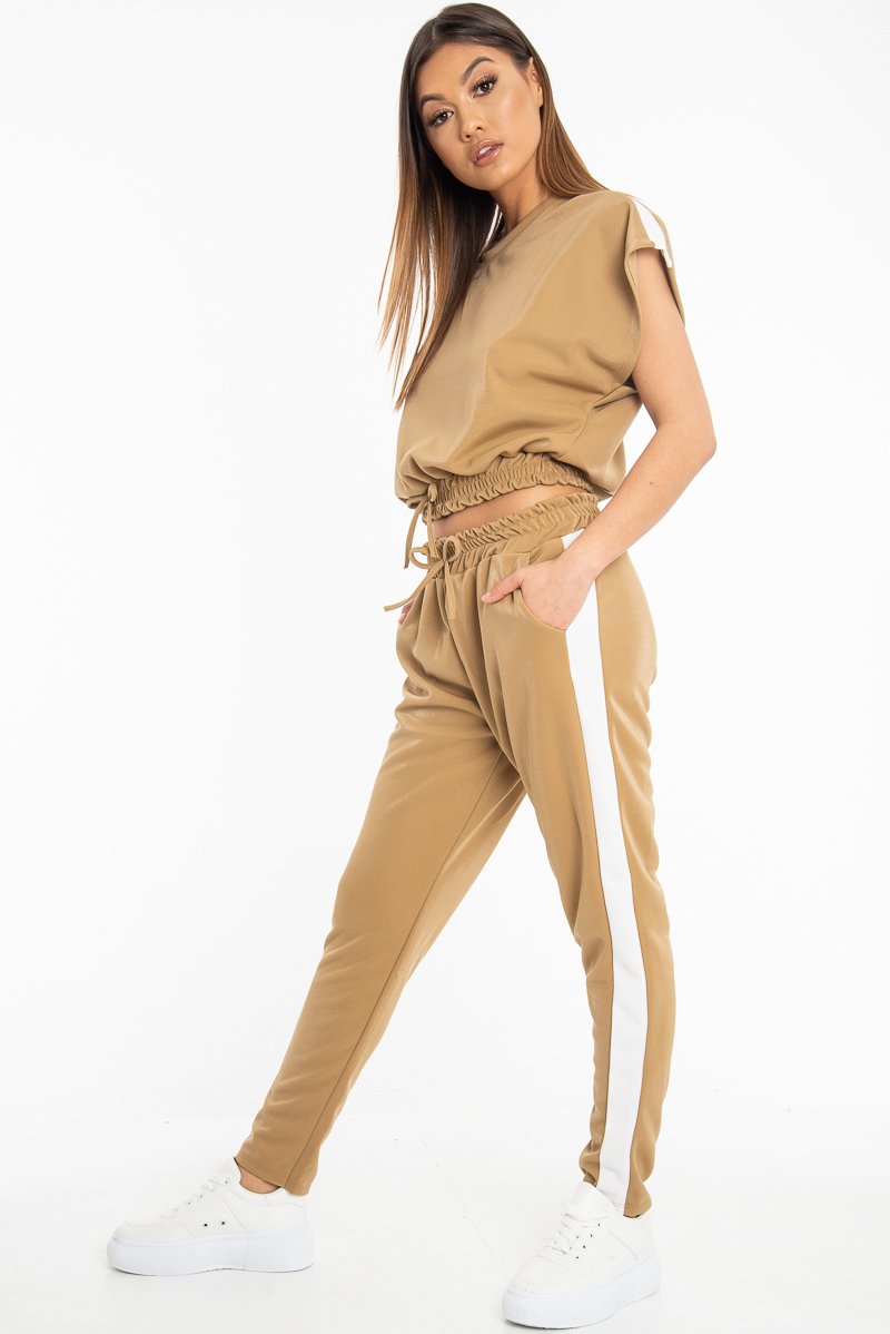 Camel Shiny Contrast Stripe Crop Top Joggers Co-Ord - Maisey-Co-ords