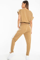 Camel Shiny Contrast Stripe Crop Top Joggers Co-Ord - Maisey-Co-ords