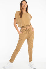 Camel Shiny Contrast Stripe Crop Top Joggers Co-Ord - Maisey-Co-ords