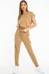 Camel Shiny Contrast Stripe Crop Top Joggers Co-Ord - Maisey-Co-ords