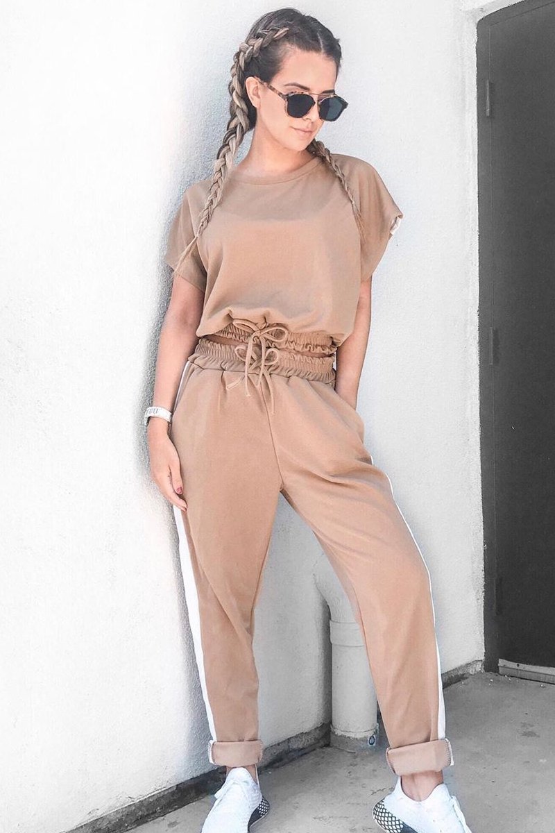 Camel Shiny Contrast Stripe Crop Top Joggers Co-Ord - Maisey-Co-ords