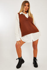 Camel Shirt Insert Knit Vest Top - Caris-Tops