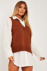 Camel Shirt Insert Knit Vest Top - Caris-Tops