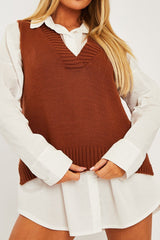 Camel Shirt Insert Knit Vest Top - Caris-Tops