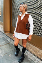 Camel Shirt Insert Knit Vest Top - Caris-Tops