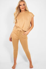 Camel Short Sleeve Crop Jogger Loungewear Set - Aarian-Co-ords