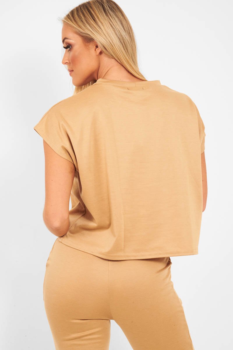 Camel Short Sleeve Crop Jogger Loungewear Set - Aarian-Co-ords