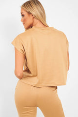 Camel Short Sleeve Crop Jogger Loungewear Set - Aarian-Co-ords