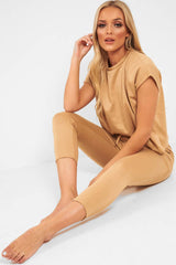 Camel Short Sleeve Crop Jogger Loungewear Set - Aarian-Co-ords