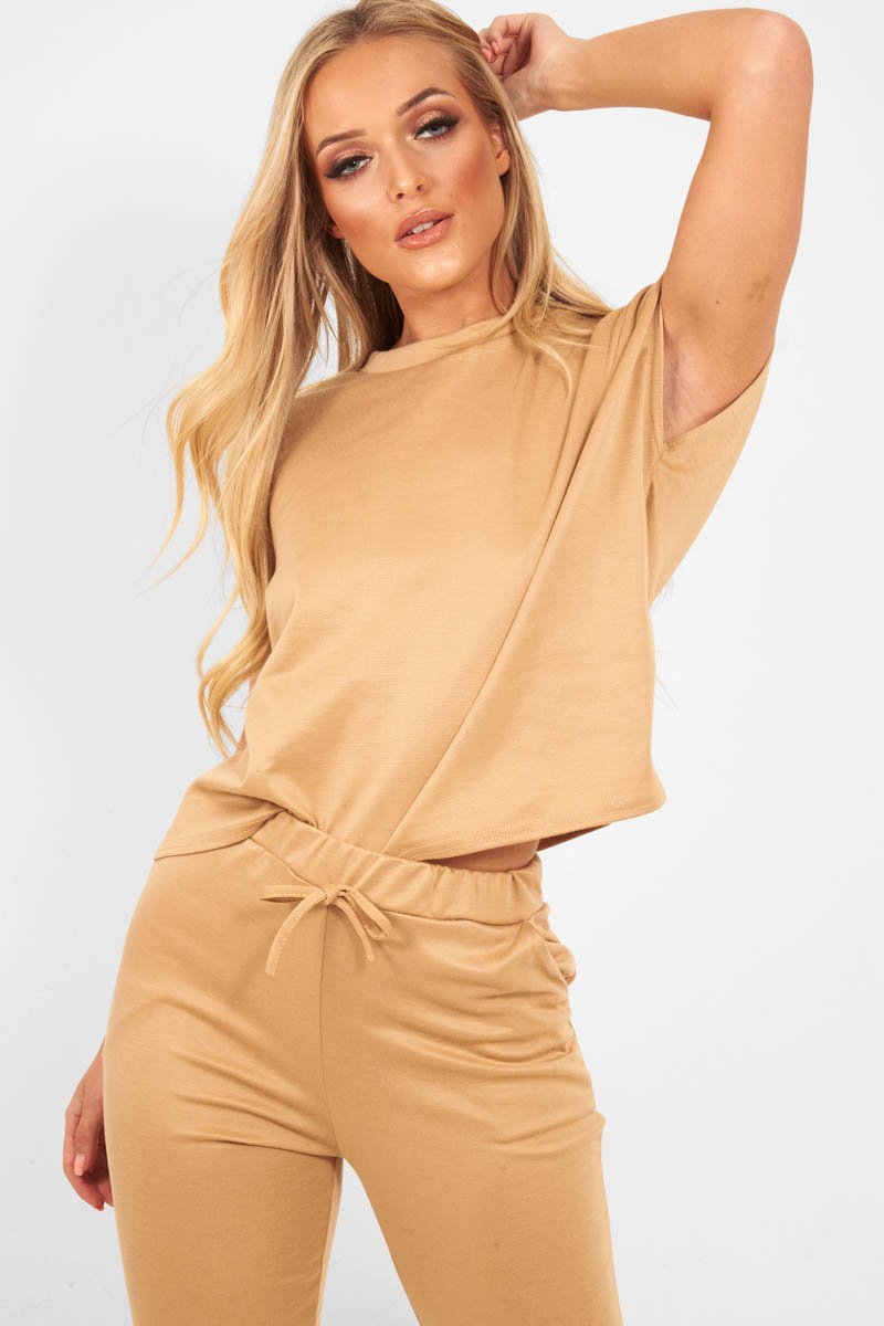 Camel Short Sleeve Crop Jogger Loungewear Set - Aarian-Co-ords
