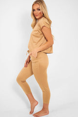 Camel Short Sleeve Crop Jogger Loungewear Set - Aarian-Co-ords