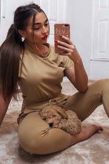 Camel Short Sleeve Crop Jogger Loungewear Set - Aarian-Co-ords