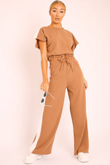 Camel Side Stripe Drawstring Top and Trousers Co-ord - Jadah-Co-ords