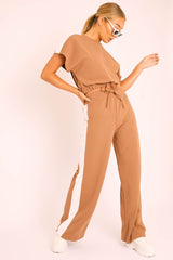 Camel Side Stripe Drawstring Top and Trousers Co-ord - Jadah-Co-ords