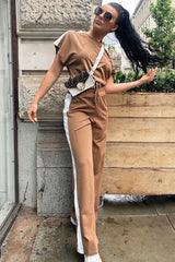 Camel Side Stripe Drawstring Top and Trousers Co-ord - Jadah-Co-ords