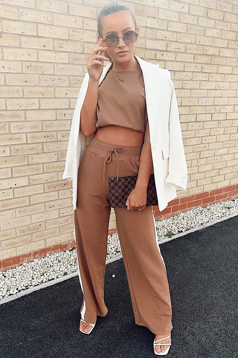 Camel Side Stripe Drawstring Top and Trousers Co-ord - Jadah-Co-ords