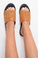 Camel Silver Eyelet Sandals - Anjani-Sliders