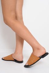 Camel Silver Eyelet Sandals - Anjani-Sliders