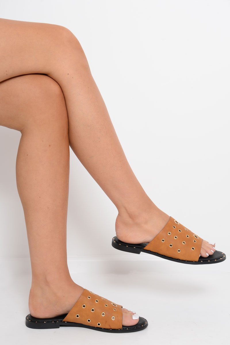 Camel Silver Eyelet Sandals - Anjani-Sliders