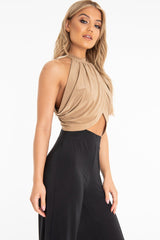 Camel Slinky Halterneck Wrap Top - Giovanna-Crop Tops
