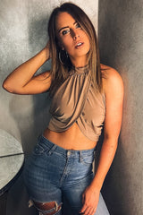 Camel Slinky Halterneck Wrap Top - Giovanna-Crop Tops