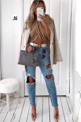 Camel Slinky Halterneck Wrap Top - Giovanna-Crop Tops