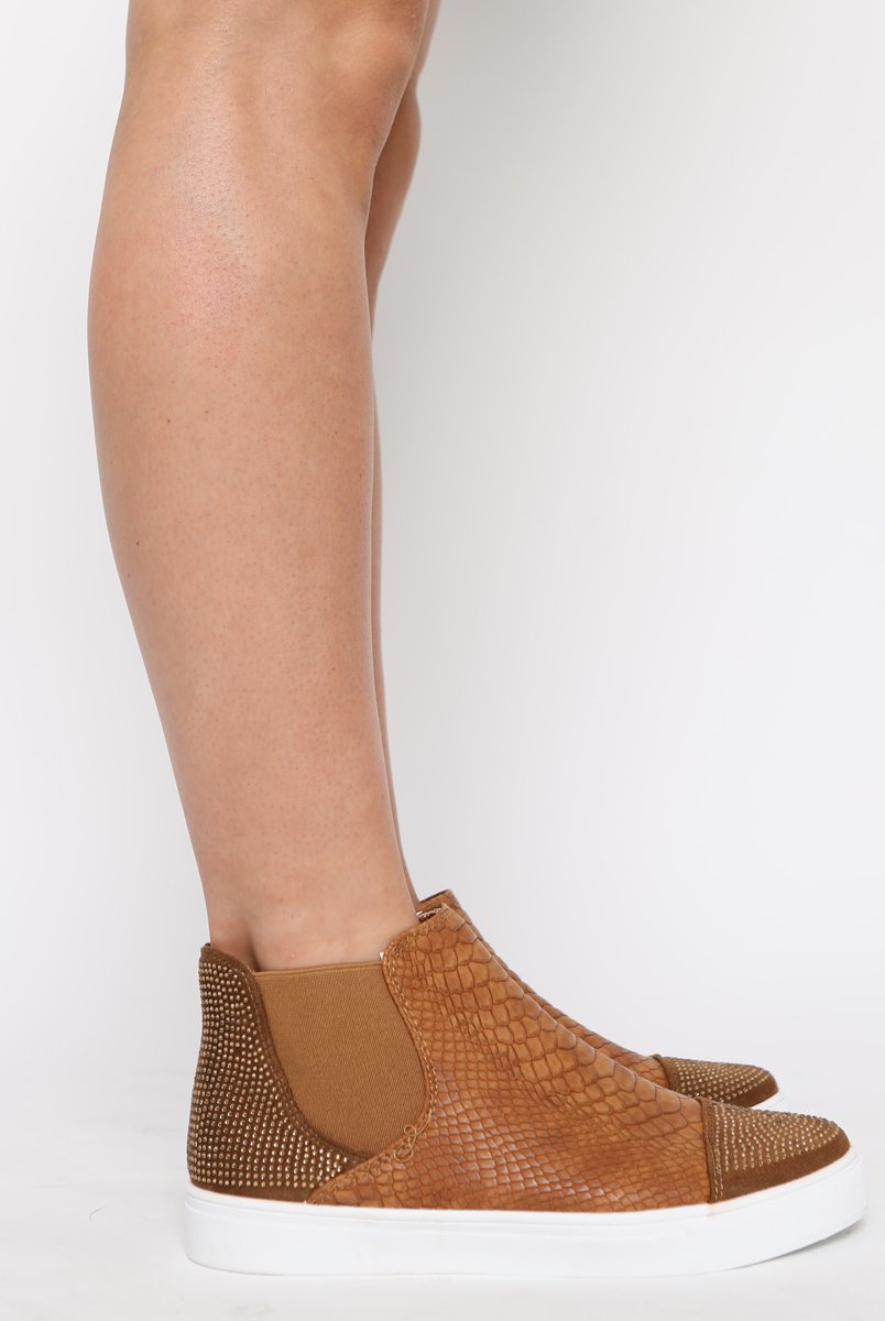 Camel Snakeskin Diamante High Top Trainers - Kaia-Trainers