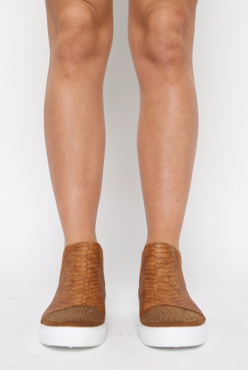 Camel Snakeskin Diamante High Top Trainers - Kaia-Trainers