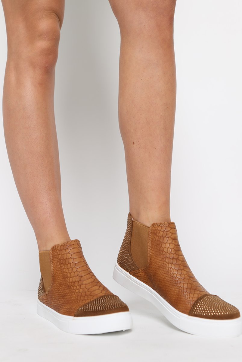 Camel Snakeskin Diamante High Top Trainers - Kaia-Trainers