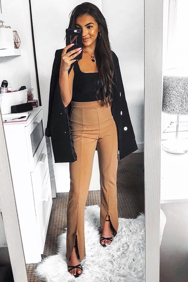 Camel Split Front Flared Trousers - Florie-Trousers