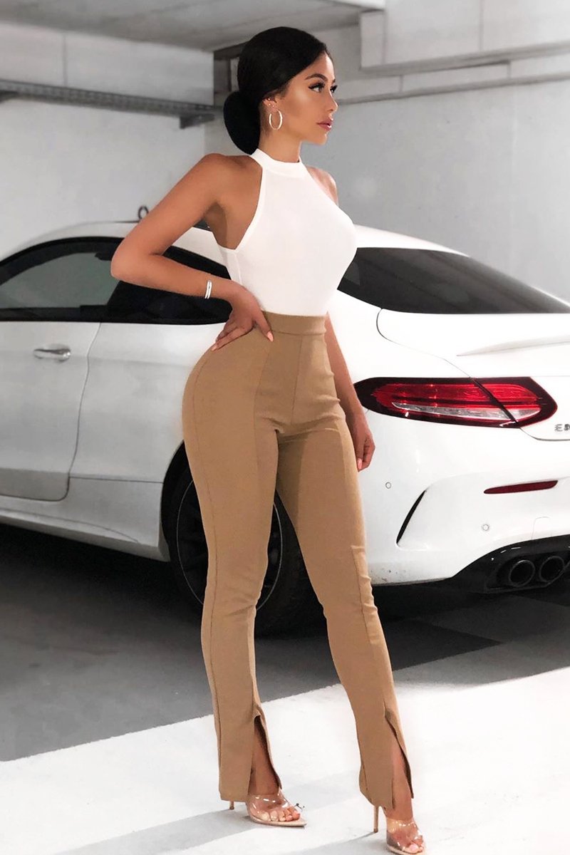 Camel Split Front Flared Trousers - Florie-Trousers