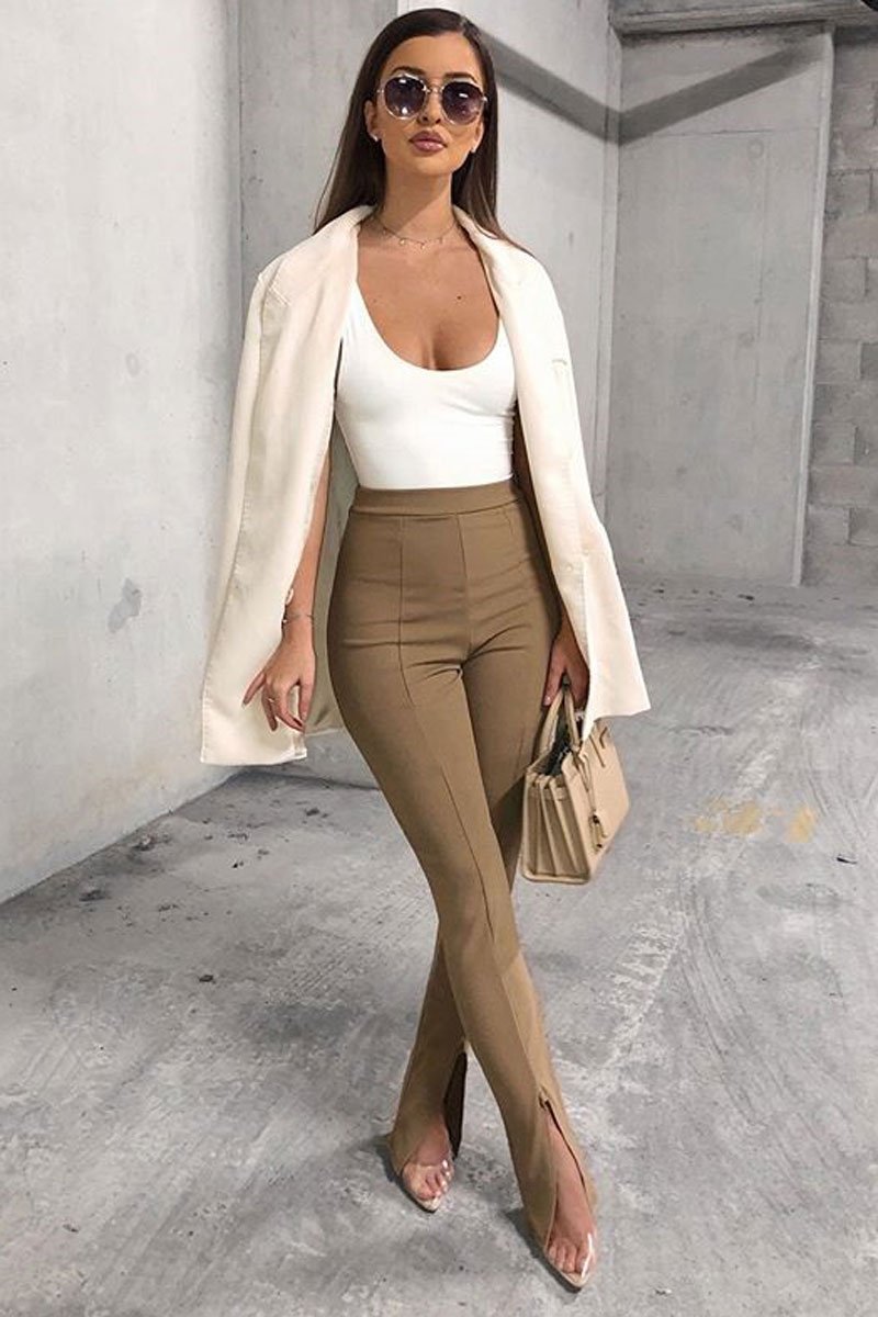 Camel Split Front Flared Trousers - Florie