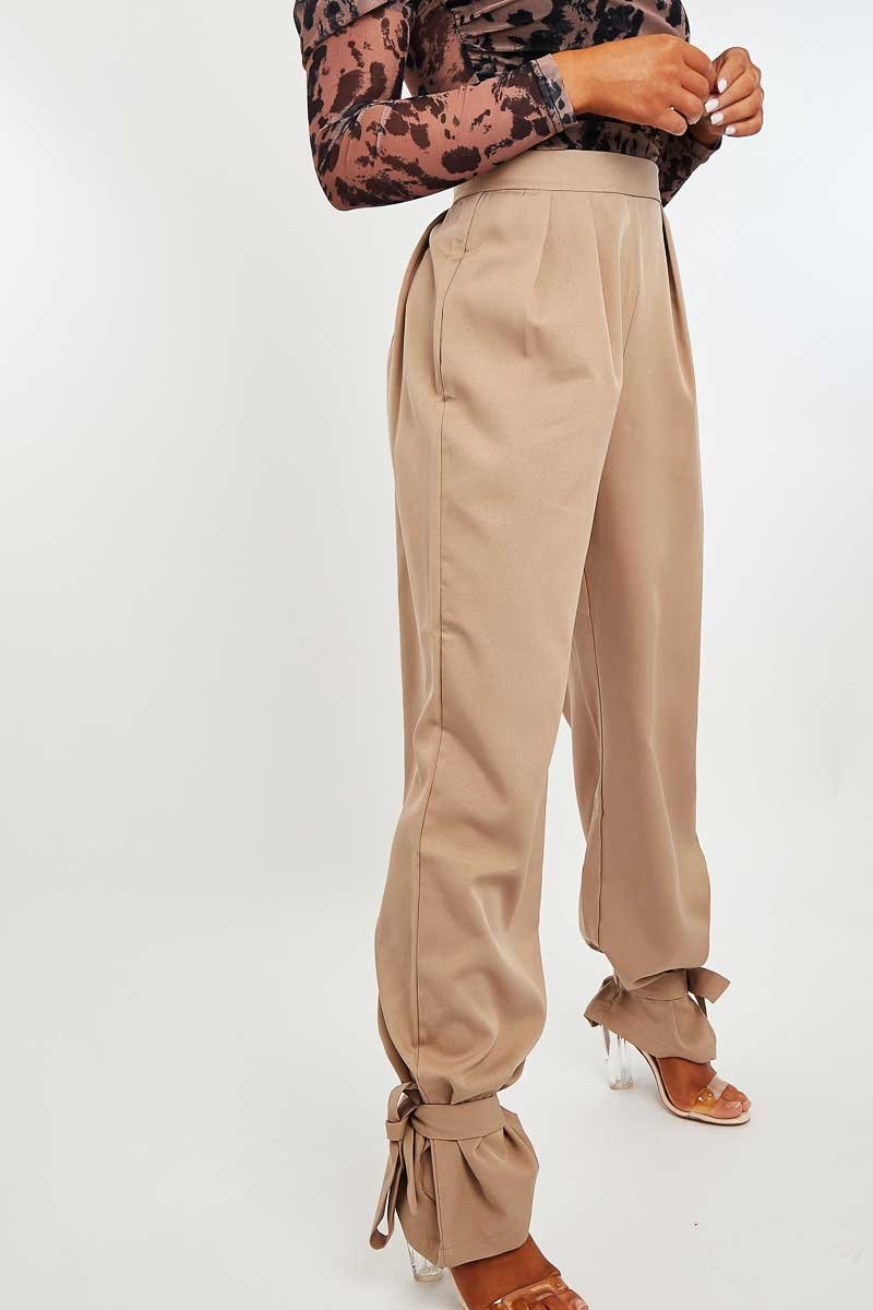 Camel Straight Leg Ankle Tie Trouser - Darby-Trousers