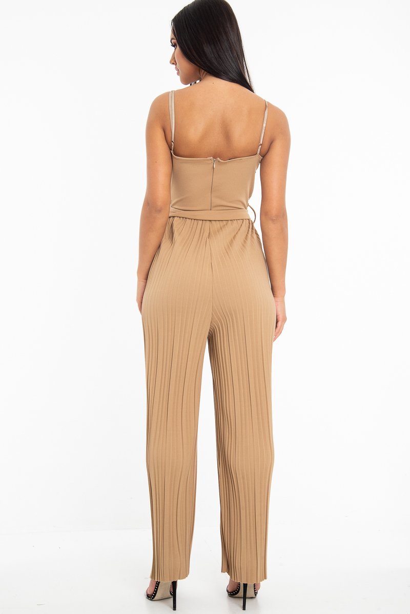 Camel Strapless Belted Pleated Wide Leg Jumpsuit - Jasmine-Jumpsuits