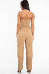 Camel Strapless Belted Pleated Wide Leg Jumpsuit - Jasmine-Jumpsuits