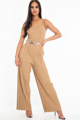 Camel Strapless Belted Pleated Wide Leg Jumpsuit - Jasmine-Jumpsuits