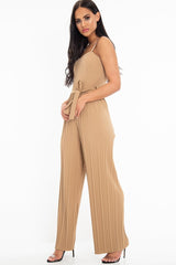 Camel Strapless Belted Pleated Wide Leg Jumpsuit - Jasmine-Jumpsuits