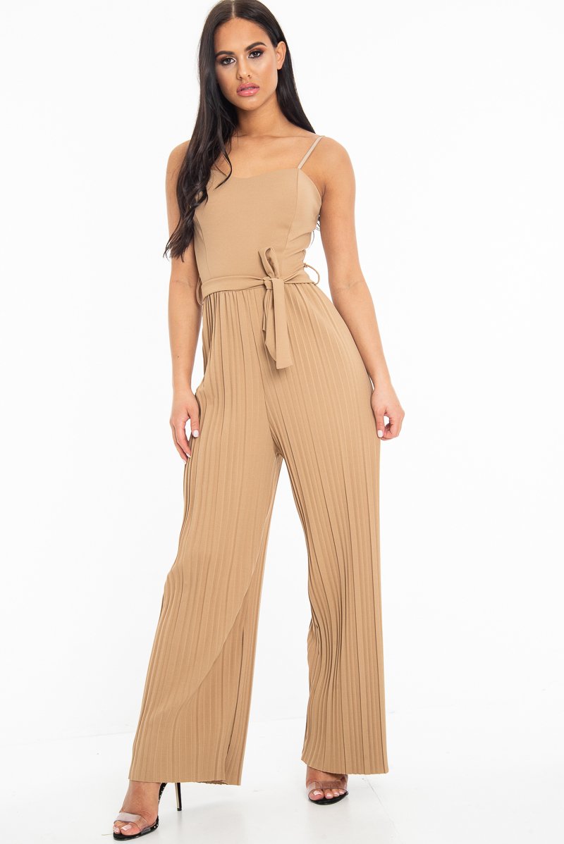 Camel Strapless Belted Pleated Wide Leg Jumpsuit - Jasmine-Jumpsuits