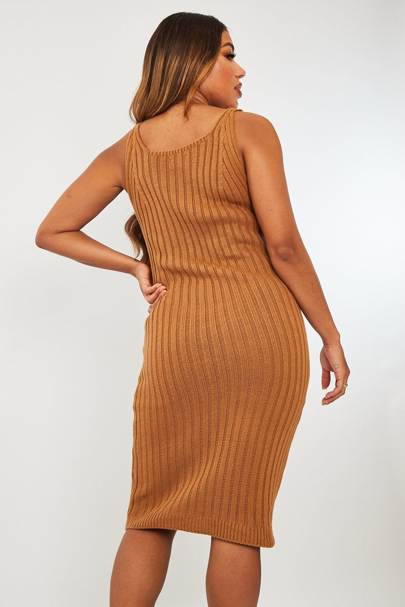 Camel Strappy Knit Midi Dress - Graciella-Dresses