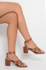 Camel Studded Cross Strap Heeled Sandals - Korrine-Sandals
