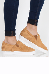 Camel Suede Fringe Studded Skaters - Vivian-Shoes
