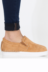 Camel Suede Fringe Studded Skaters - Vivian-Shoes