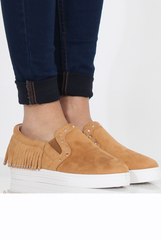 Camel Suede Fringe Studded Skaters - Vivian-Shoes