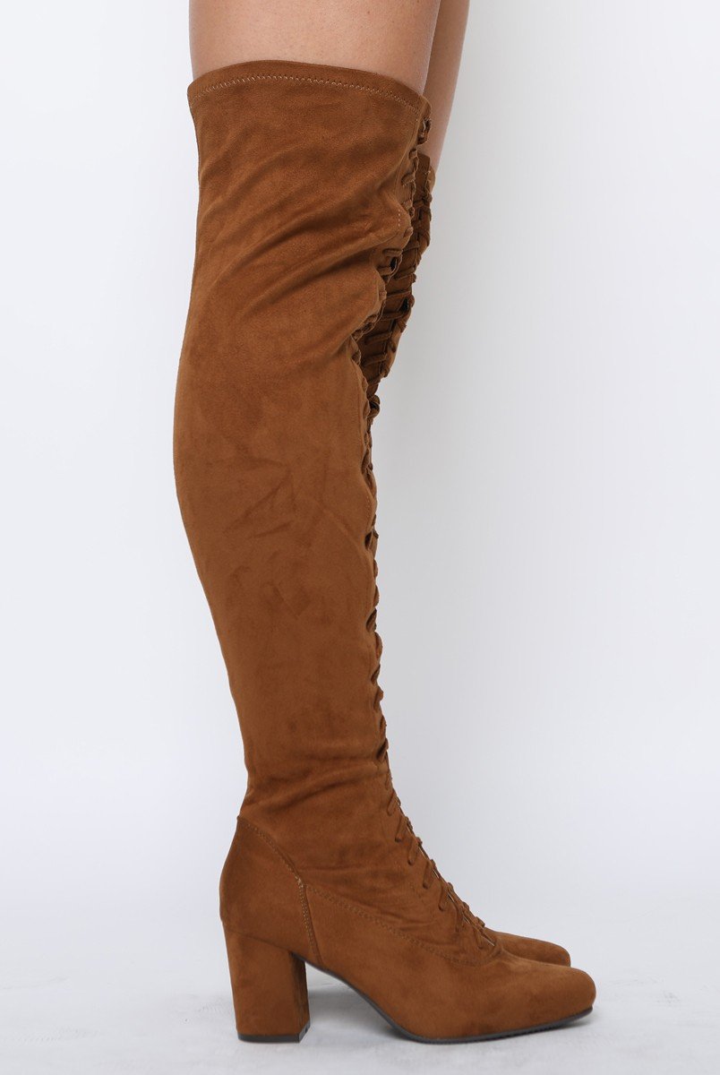 Camel Suede Front Lace Up Thigh High Boots - Nikita-Boots