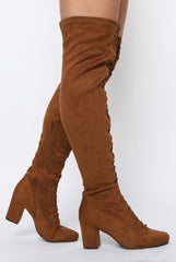 Camel Suede Front Lace Up Thigh High Boots - Nikita-Boots