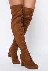 Camel Suede Front Lace Up Thigh High Boots - Nikita-Boots