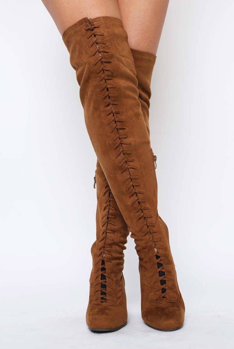 Camel Suede Front Lace Up Thigh High Boots - Nikita-Boots