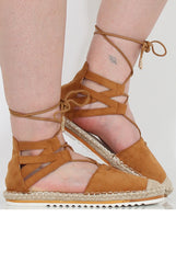 Camel Suede Lace Up Espadrilles - Marisa-Shoes